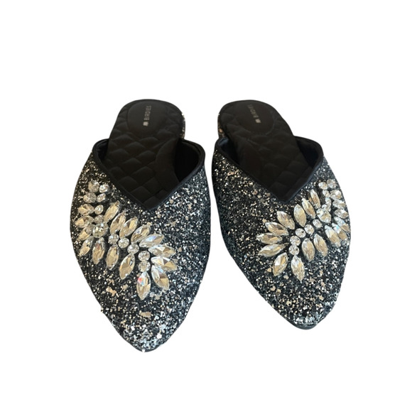 BIRDIES The Swan Women's Size 7 Jeweled Gunmetal Elegant Glittery Slip-On Mules - Picture 3 of 10